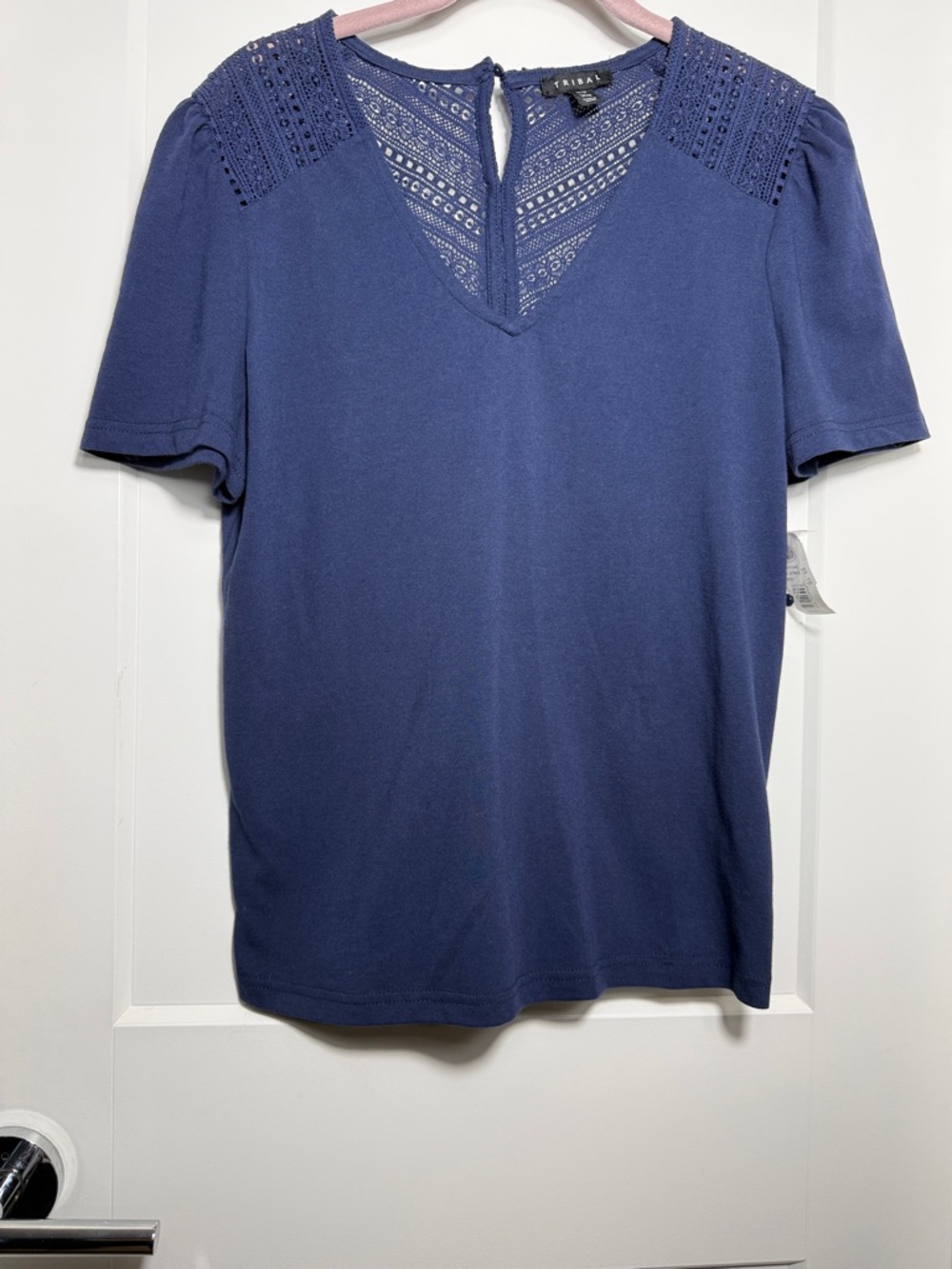 Tribal Navy Blue Lace Yoke Short Sleeve Top